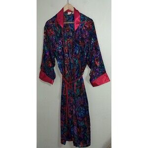 Vtg 90s Victorias Secret Gold Label Robe Dressing Gown Satin Trim Jewel Tone P/S